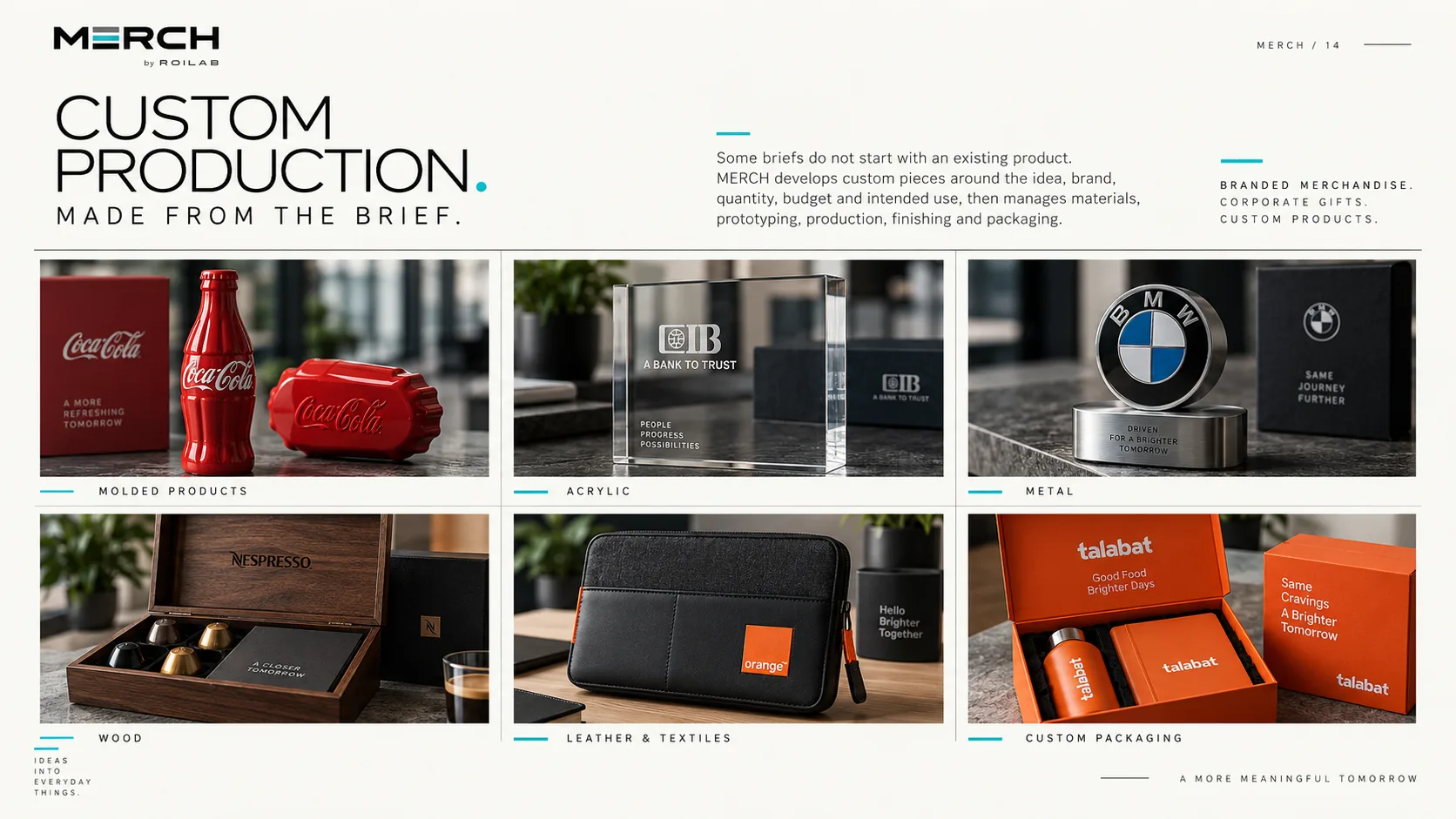 MERCH custom production examples in moulded products, acrylic, metal, wood, leather and packaging