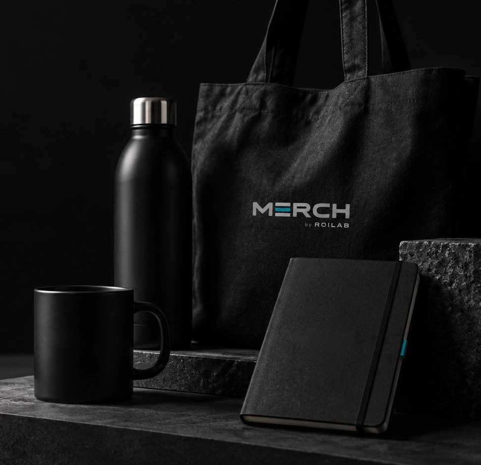 MERCH branded black bottle, notebook and tote bag