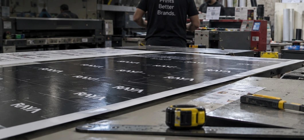 Printing workshop with production machinery and branded materials